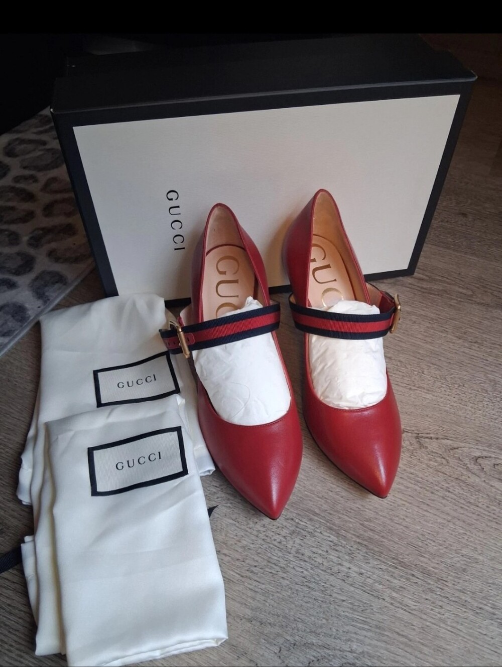 NEW Gucci Sylvie Red Leather Web Strap Buckle Pumps Heels Shoes Box Size 36 US 6